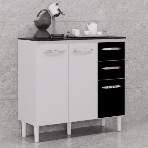 Balcão Isadora 668 3P 2 G - 90cm Branco/Preto – POQUEMA - 2.0 SR - 2.0 - PR