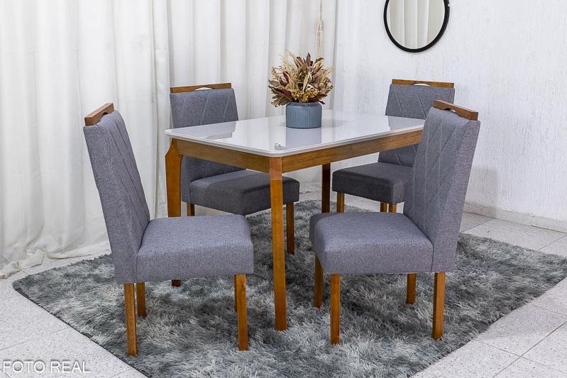 Mesa de Jantar Alegra Tampo Vidro Off 120×80 C/ 4 Cadeiras Diamante Linho - 1.2 - RF