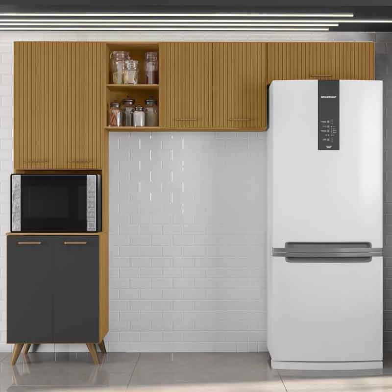 Armário Cozinha Olinda Ripado 3D 3 Peças Paneleiro + Aéreo 1.05m + Aéreo de Geladeira Poliman- 5.1/RF 4.6/LD