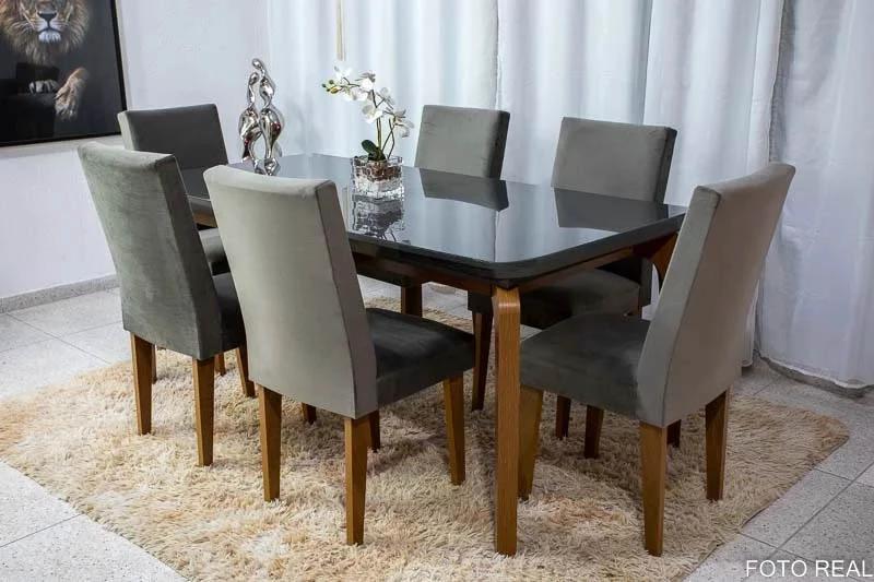 Mesa Jantar Londrina Imbuia quina copo 180×90 6 Cadeiras Luxo Veludo - Rufato - 1.68/PR