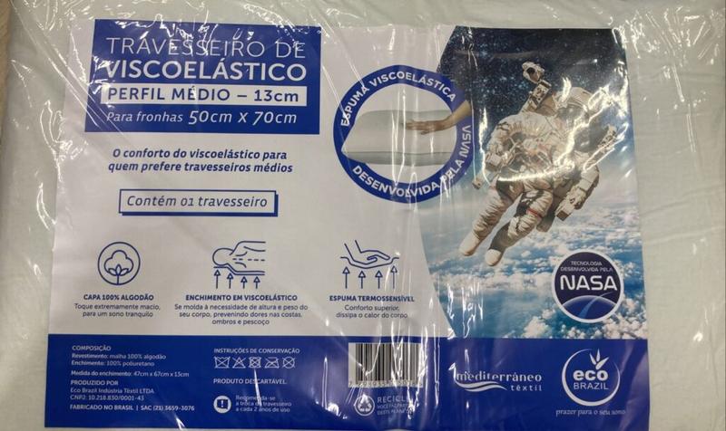 Travesseiro Nasa Viscoelástico Perfil Médio  50cm x 70cm – Eco Brazil – 0.5 – SR