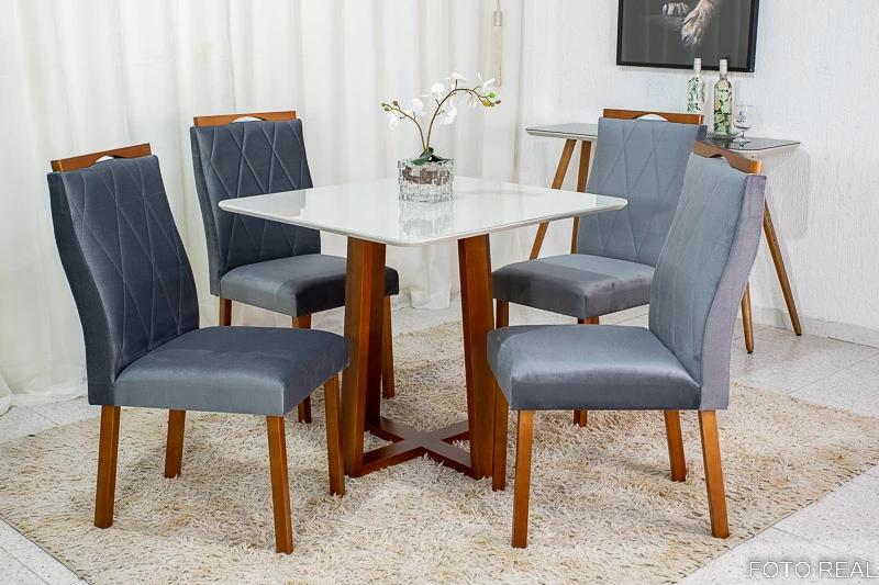MESA DE JANTAR PEDRO MEL 90x90 VIDRO COM 4 CADEIRAS VELUDO - ART ASSENTOS - 1.1/LD/RF