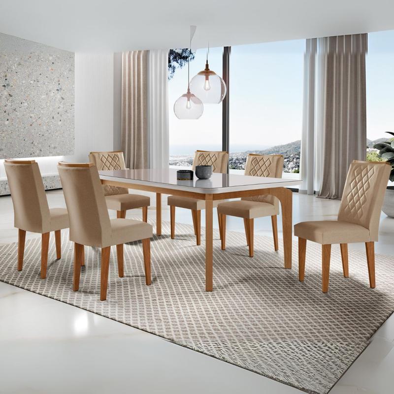 Mesa Londrina 1,80m Canto Copo Imbuia/off white c/ 6 Cadeiras Jade Linho Turim 07 – RUFATO- 1.5/TD