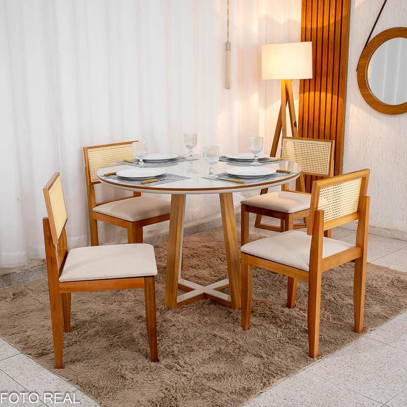 Mesa de Jantar Atlanta Redondo Vidro Off + 4 Cad Santorini- Minas Plac - 120x120cm - 2.2/RF