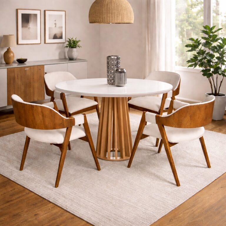 Mesa Berlim redonda 1,00 c/ 4 Pérola Mel Laminado/Linho Areia – CEL MÓVEIS + WJ DECOR - 2.3/TD